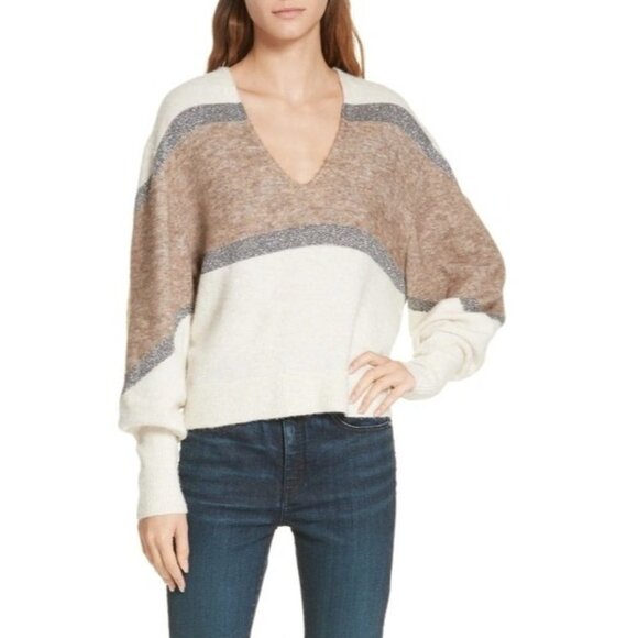 Veronica Beard Miley Metallic V Neck Sweater Ivory Multi Womens Size Medium Wool - Picture 1 of 9